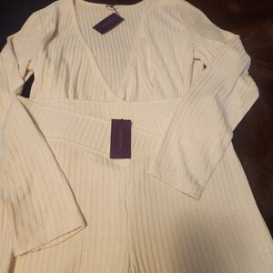 Cream Long Sleeve Ribbed Lounge Set